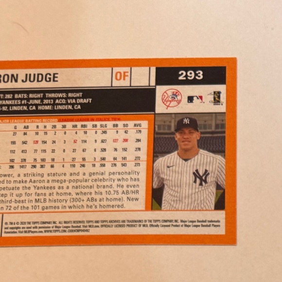 2020 Topps Aaron Judge Baseball Card # 293 - Picture 8 of 8